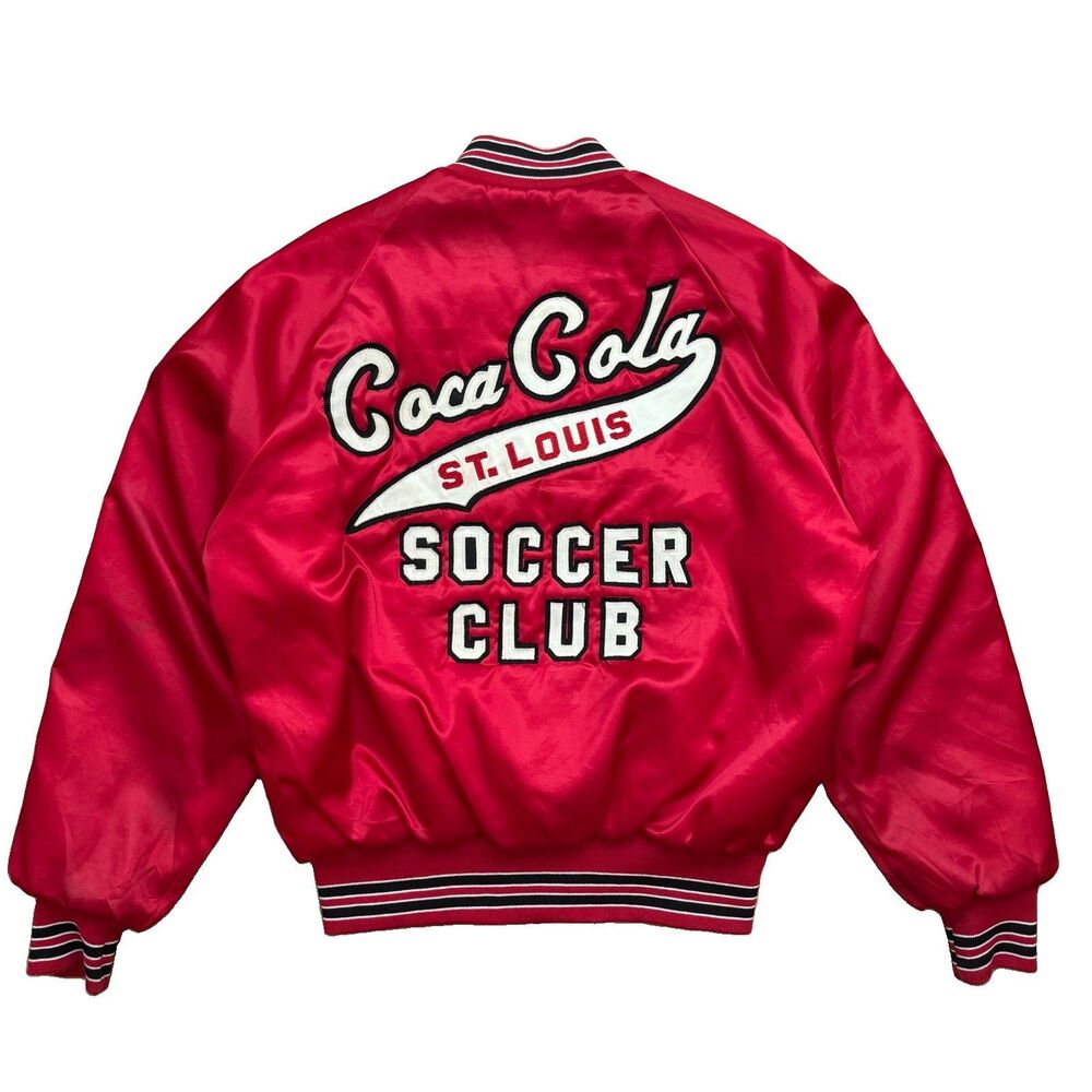 Vintage 70s Coca Cola St. Louis Soccer Club Red Satin Bomber Jacket Sz L RARE